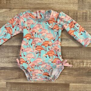 EUC Ruffle Butts Flamingo Print Swimsuit